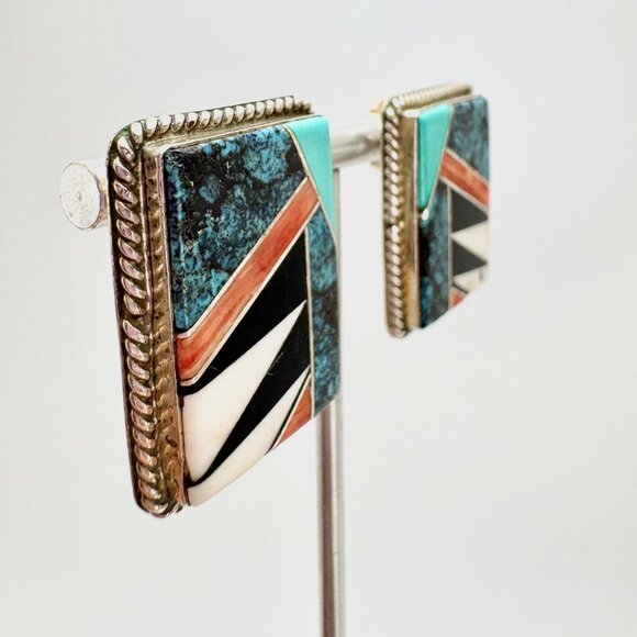 VTG Sterling Silver Navajo Paul Largo Turquoise Multi Stone Inlay Earrings 1" L - Picture 3 of 13